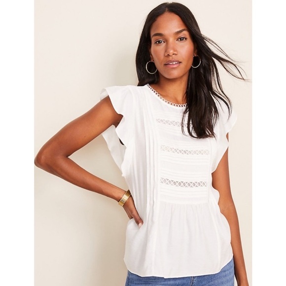Ann Taylor Tops - Ann Taylor Lacy Pintucked Flutter Top, White - Size S